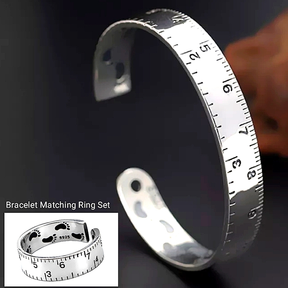 Ruler Design Sterling Silver Matching Bangle Cuff Bracelet Ring Set